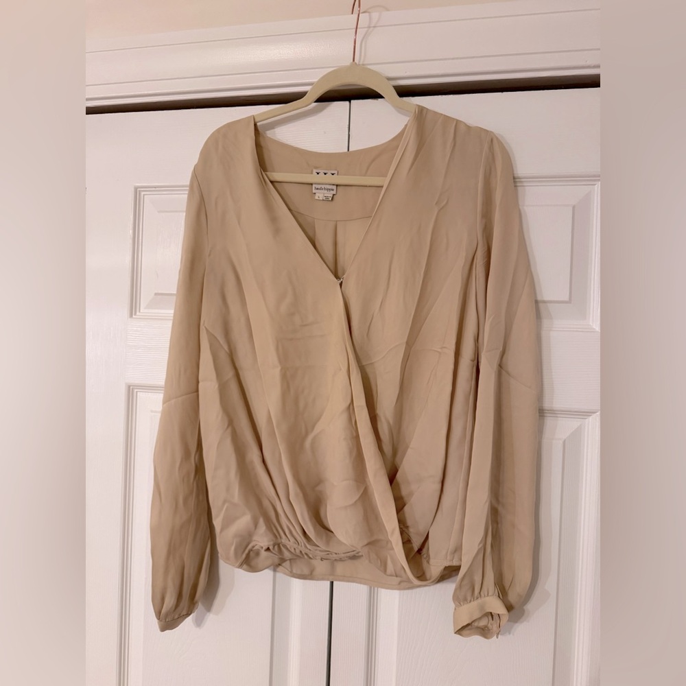 Haute Hippie Beige Buff  Drape Front Faux Wrap Silk Blouse Top   Size L